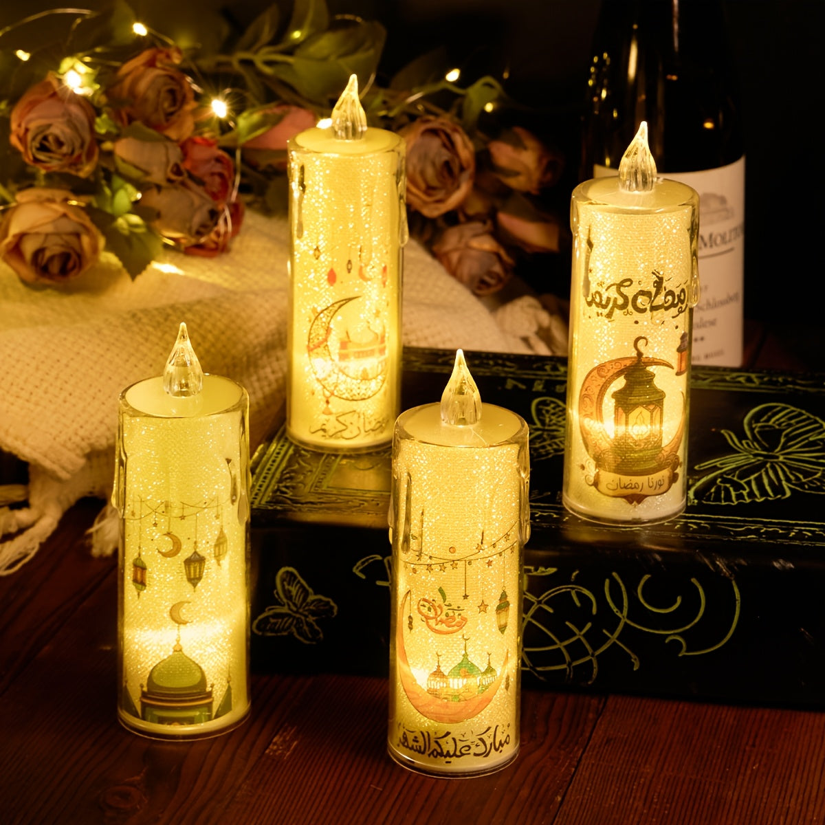 Pack of 4 LED Electronic Luminous Candle Lights, Ramadan Festival Activity Candles, Holiday Candles, Blessing Candle Lights, Atmosphere Decorative Lights, Ramadan Decoration and Arrangement Lights, Bedroom Ornament Decorative