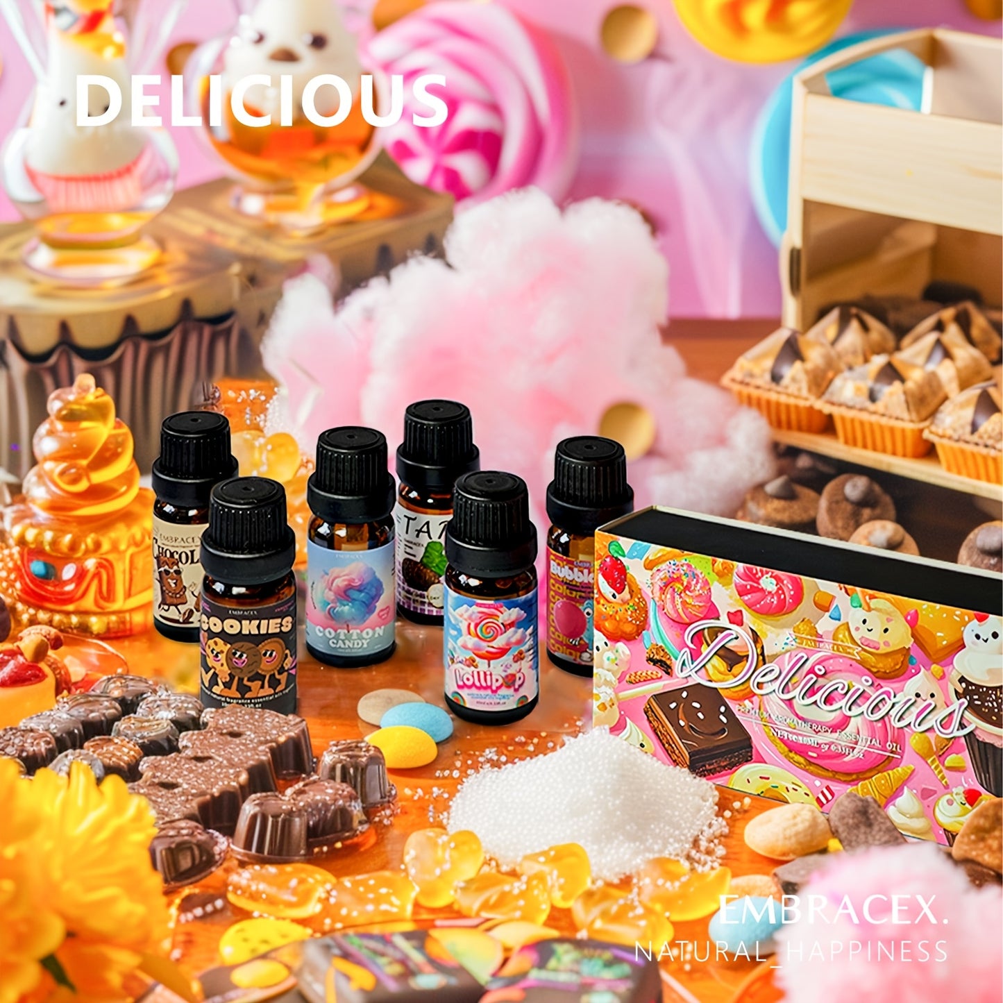 6pcs/1Set Essential Oil Gift Box Delicious Oils Bubble Gum, Chocolate, Cookies, Lollipop, Marshmallow, Taro Gourmet Fragrance Can Be Used in Aroma Machine, Humidifier, Massage, Making Candles/Soap