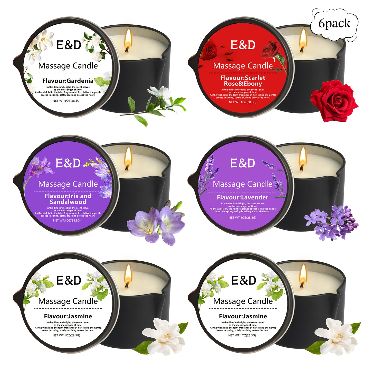 6pcs Natural Scented Soy Wax Massage Candles (Total 6oz/170g - Each 1oz) | Essential Oil Melts into Warm Massage Oil | Handcrafted for Nail Salons & Spas - Luxury Gift for Christmas, Valentine’s Day & Mother’s Day