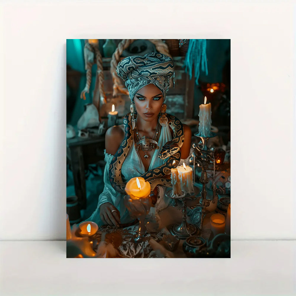 New Orleans Voodoo Queen Wall Art - Gothic Frameless Canvas Painting 12x16 or 16x24 Inches, Mysterious Voodoo Culture Poster with Serpentine Candles, Ornate Jewelry & Snake Motif, Gothic Home Decor for Themed Rooms, Psychothe