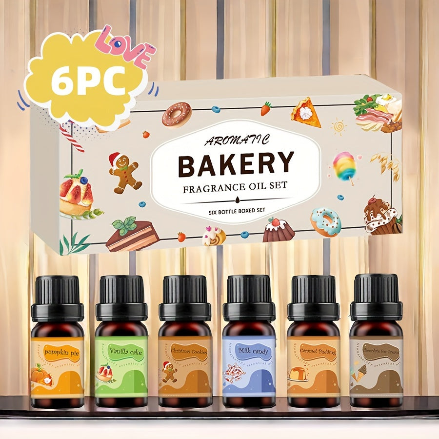 6-Piece Bakery Scented Essential Oil Set - 10ml Each, Aromatherapy Fragrance Oils for Diffusers, Candles, Humidifiers - Relaxing Scents Including Pumpkin Pie, Tiramisu, Vanilla Cake, and More