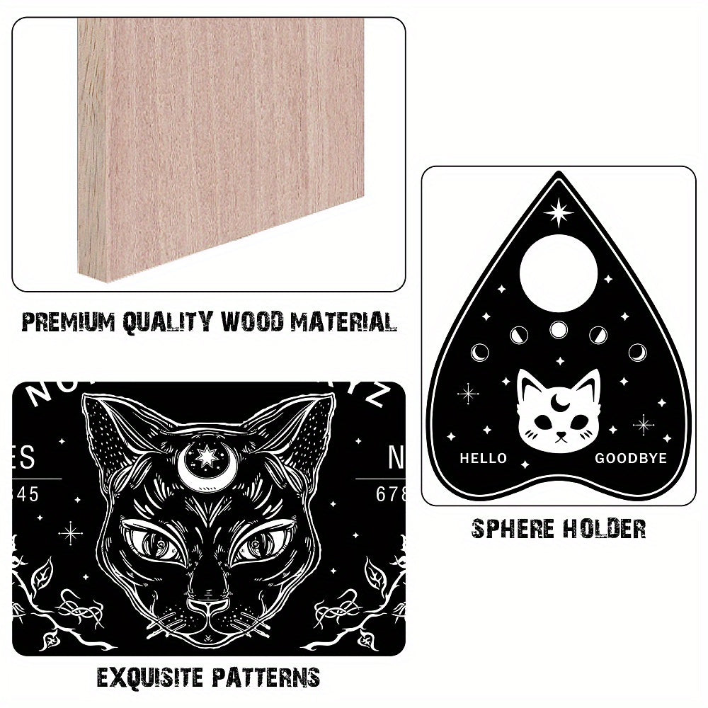 1Set Black Cat Wood Spirit Board, Wooden Talking Board Pendulum Board, With Planchette Dowsing Divination Game Kit, Spirit Hunt Meta Ysical Message Decor, Witch Stuff For Wicca Art & Craft Supplies