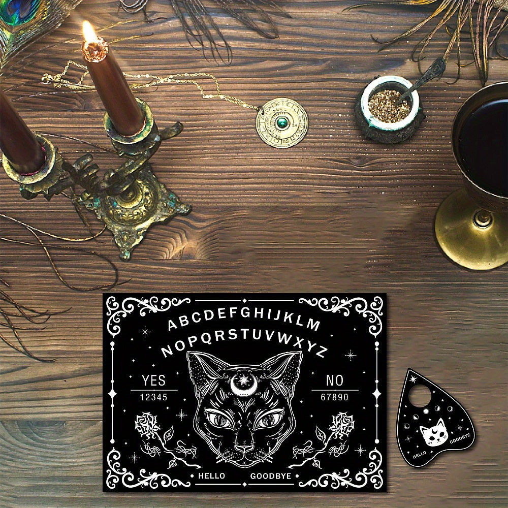 1Set Black Cat Wood Spirit Board, Wooden Talking Board Pendulum Board, With Planchette Dowsing Divination Game Kit, Spirit Hunt Meta Ysical Message Decor, Witch Stuff For Wicca Art & Craft Supplies