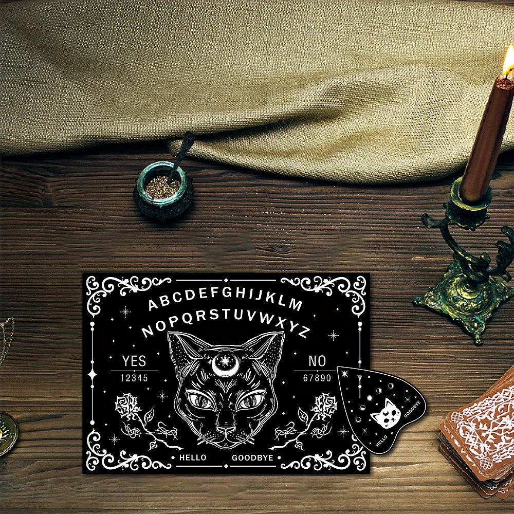 1Set Black Cat Wood Spirit Board, Wooden Talking Board Pendulum Board, With Planchette Dowsing Divination Game Kit, Spirit Hunt Meta Ysical Message Decor, Witch Stuff For Wicca Art & Craft Supplies