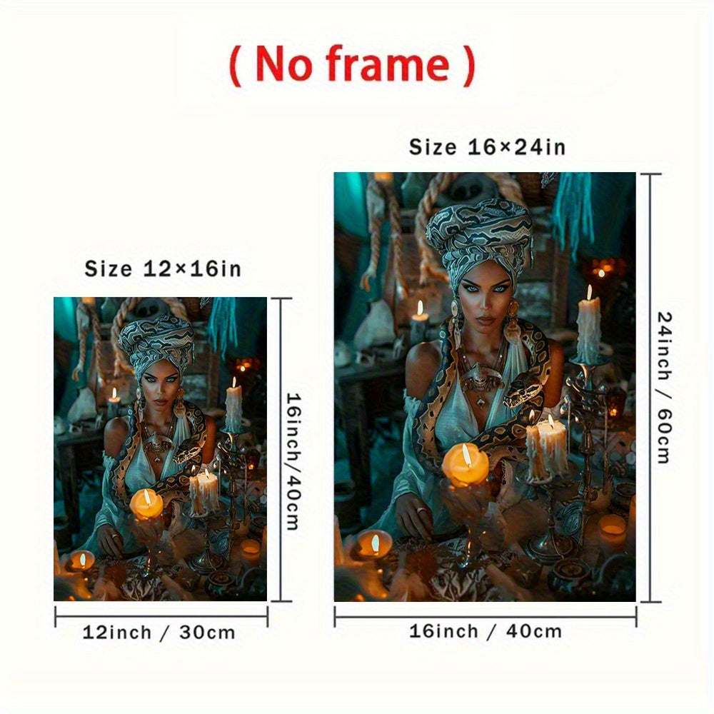New Orleans Voodoo Queen Wall Art - Gothic Frameless Canvas Painting 12x16 or 16x24 Inches, Mysterious Voodoo Culture Poster with Serpentine Candles, Ornate Jewelry & Snake Motif, Gothic Home Decor for Themed Rooms, Psychothe