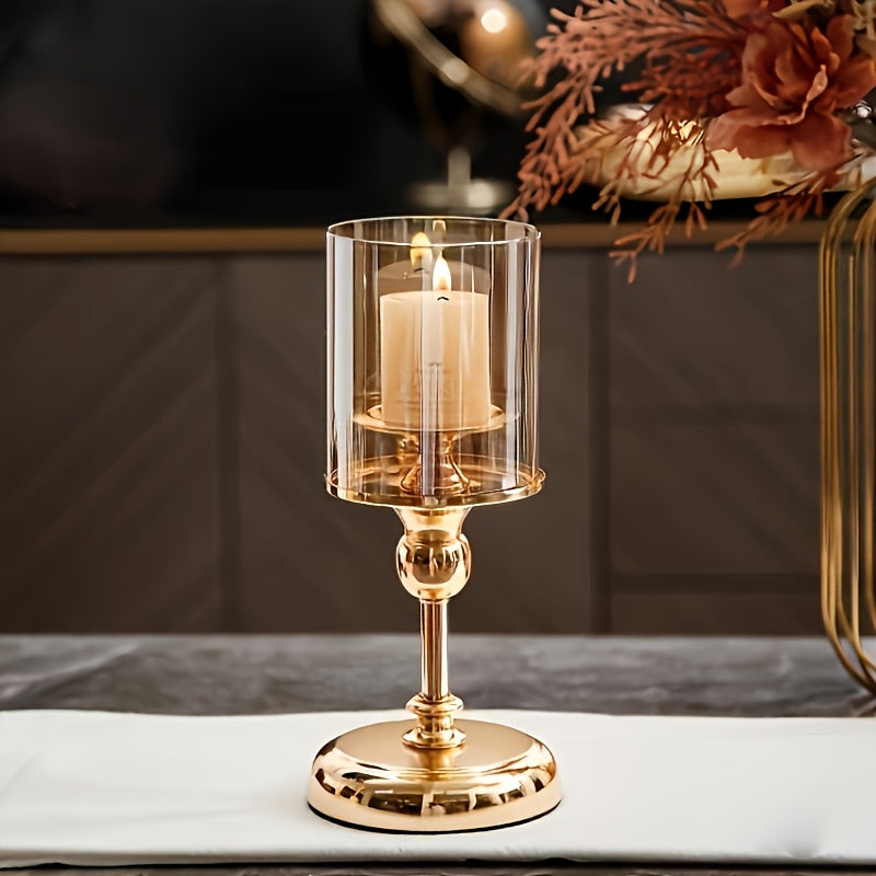 3pcs Elegant Golden Metal & Glass Candle Holder Set, Stainless Steel Glass Cover Candlesticks Holders Table Centerpiece for Wedding Party Birthday Christmas Decor(No Candles), Best for Christmas