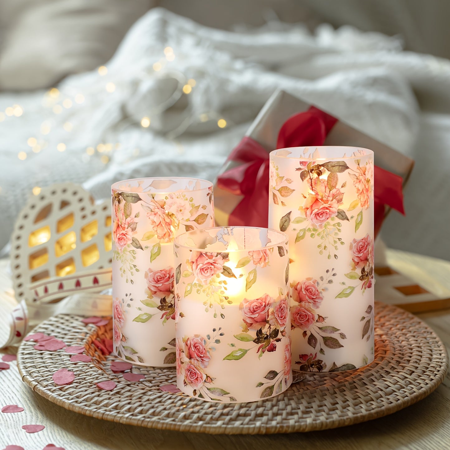 3pcs Pink Flameless Candle Lights With Remote Control And Timer, Rose Flower Flickering Plastic Candle Lights, Love Theme Decorative Battery LED Pillar Candles, Valentine'S Day Home Decor Candle Lights, Father'S Day Gift
