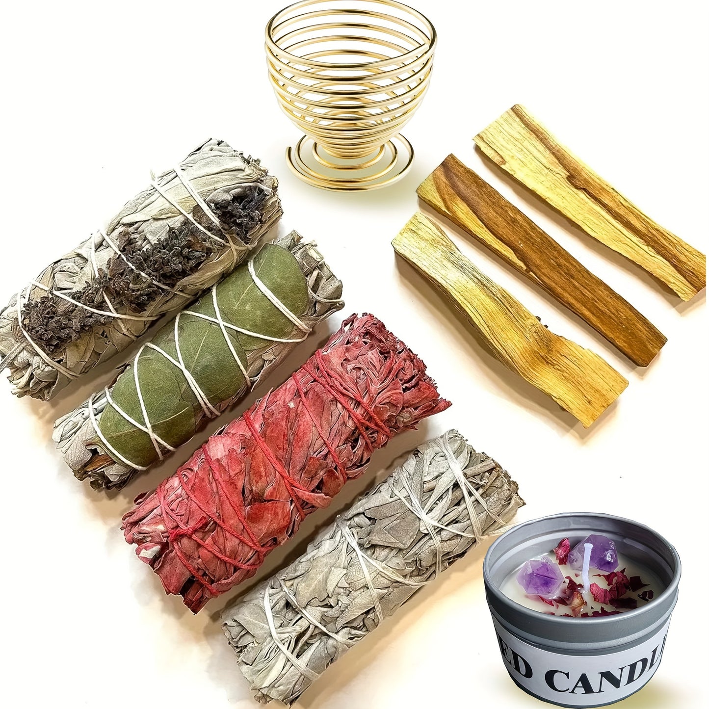 Sage Smudge Kit with Crystals and Candles, 4'' Long, Natural Stone, Elegant Style, for Cleansing Negative Energy and Home Purification, Includes Dragon Blood, White Sage, Eucalyptus, Lavender, and Palo Santo Sticks