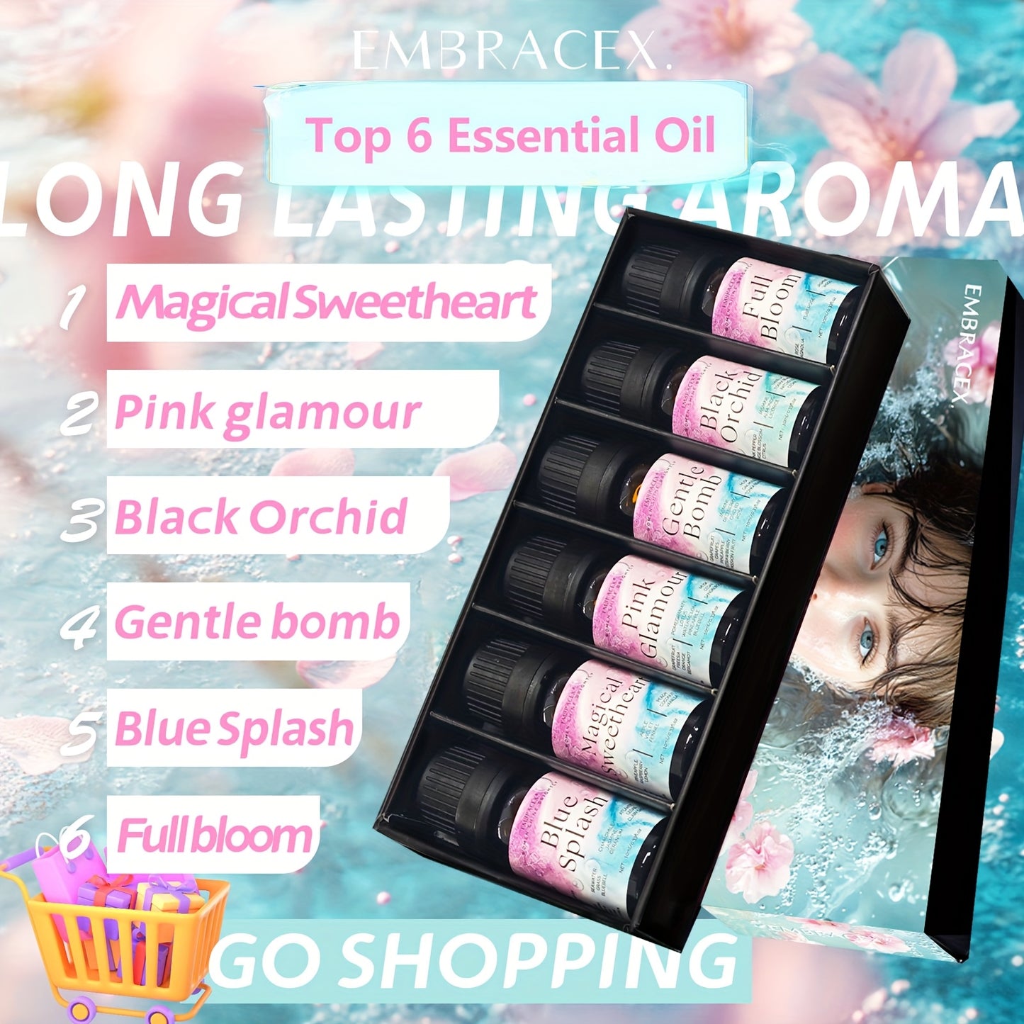 6pcs/1Set Essential Oil Gift Box for Women, Suitable for Home Decor, Fragrance Room Sprays, DIY Scented Candles, Household Air Fresheners, And Aroma Diffusers - Blue Splash, Magical Sweetheart, Pink Glamour, Gentle Bomb, Blac