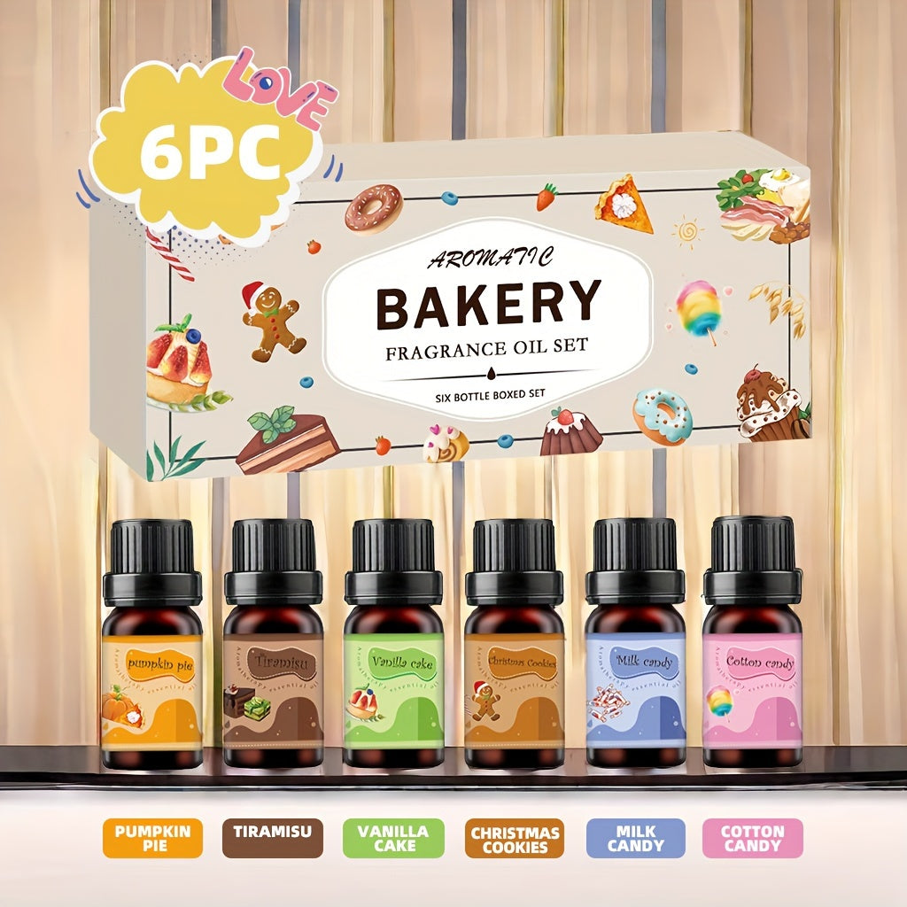 6-Piece Bakery Scented Essential Oil Set - 10ml Each, Aromatherapy Fragrance Oils for Diffusers, Candles, Humidifiers - Relaxing Scents Including Pumpkin Pie, Tiramisu, Vanilla Cake, and More
