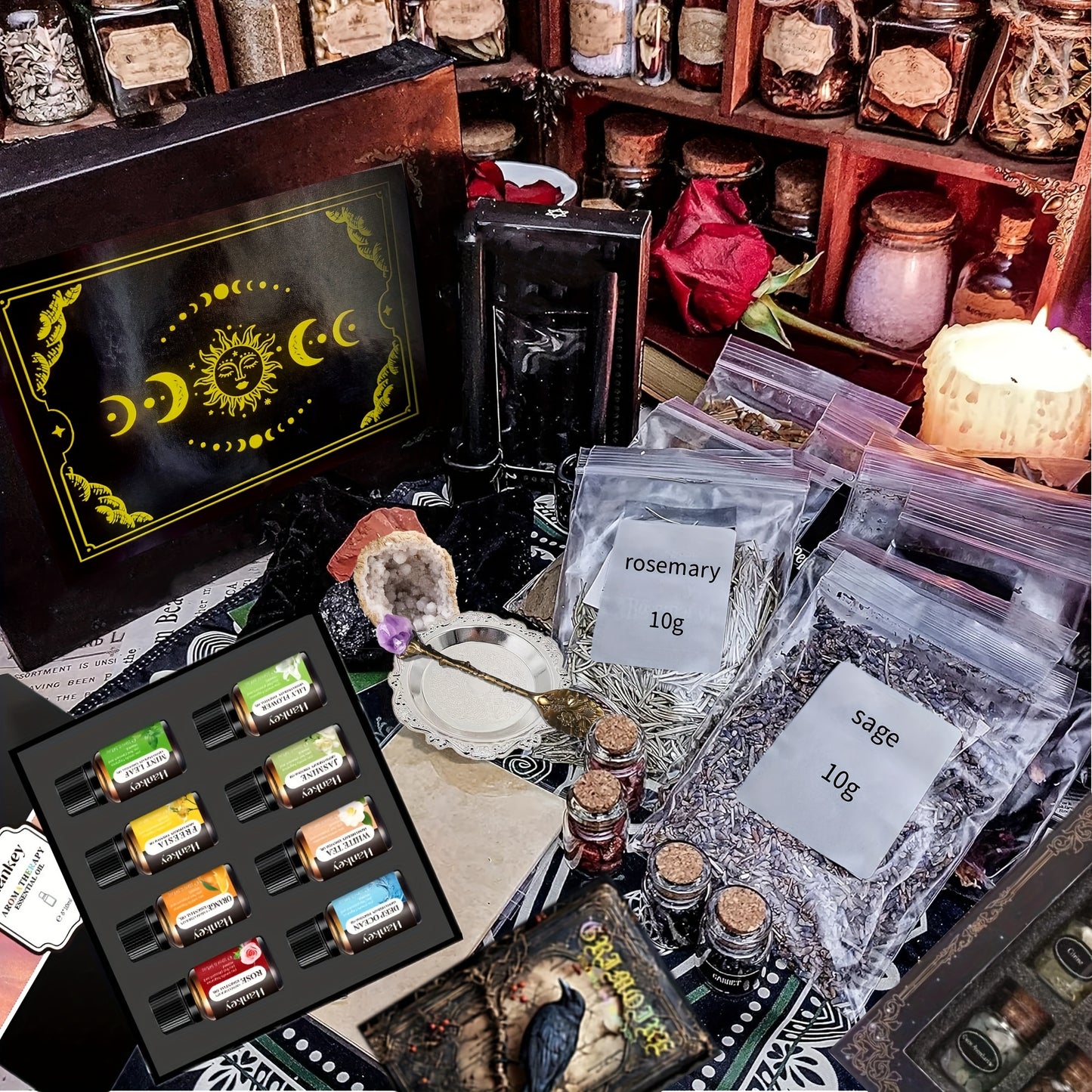 Witchcraft Supplies Wiccan Tools for Beginners - 62 Set Witchy Gifts Starter Kit Box - Crystals for Witchcraft Spell Jars Candles - Spiritual Altar Witch Stuff for Pagan Gothic Room Decor