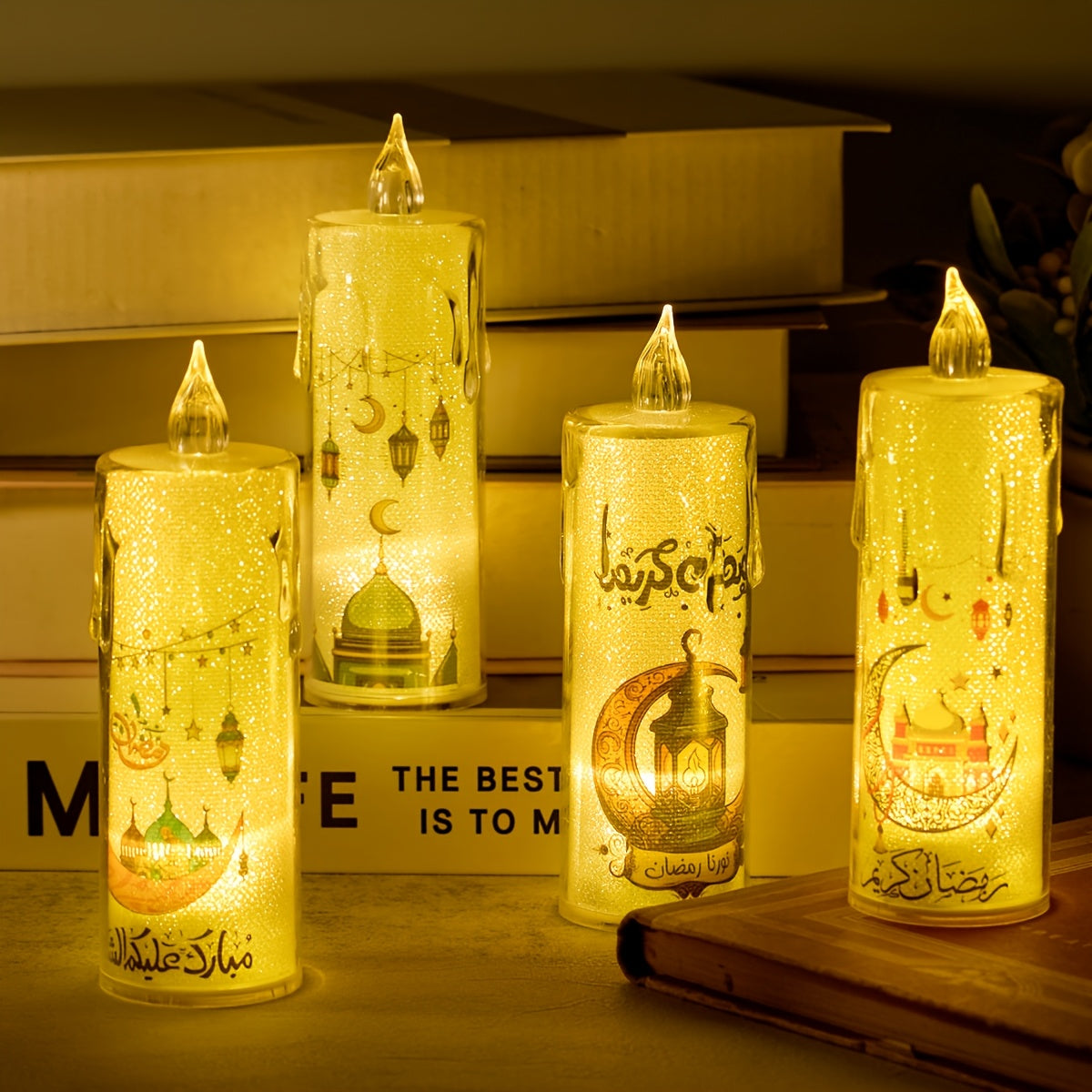 Pack of 4 LED Electronic Luminous Candle Lights, Ramadan Festival Activity Candles, Holiday Candles, Blessing Candle Lights, Atmosphere Decorative Lights, Ramadan Decoration and Arrangement Lights, Bedroom Ornament Decorative