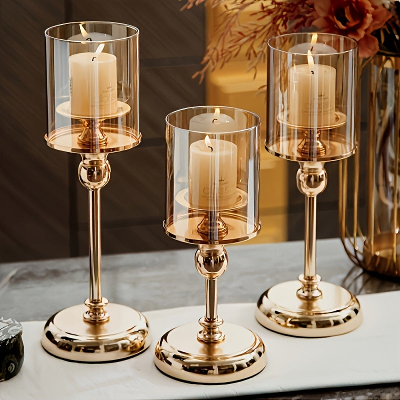 3pcs Elegant Golden Metal & Glass Candle Holder Set, Stainless Steel Glass Cover Candlesticks Holders Table Centerpiece for Wedding Party Birthday Christmas Decor(No Candles), Best for Christmas