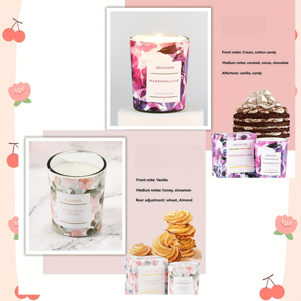 2pcs 2025 New Creative Flower Series Candles - Smokeless Soy Wax, 12+ Hour Burn Time, Floral & Fruit Scented Glass Jar Candles for Home Decor, Christmas, Valentine’s Day, Birthdays & Holidays