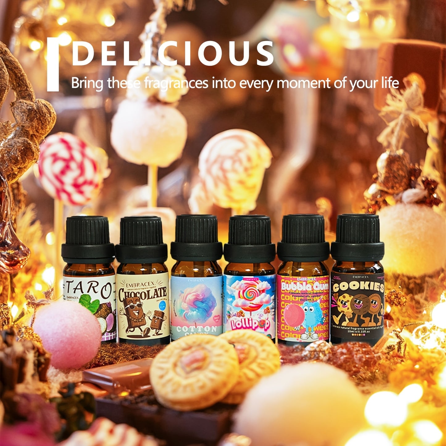 6pcs/1Set Essential Oil Gift Box Delicious Oils Bubble Gum, Chocolate, Cookies, Lollipop, Marshmallow, Taro Gourmet Fragrance Can Be Used in Aroma Machine, Humidifier, Massage, Making Candles/Soap