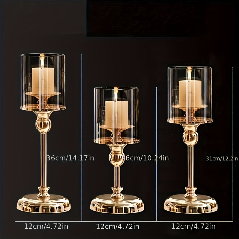 3pcs Elegant Golden Metal & Glass Candle Holder Set, Stainless Steel Glass Cover Candlesticks Holders Table Centerpiece for Wedding Party Birthday Christmas Decor(No Candles), Best for Christmas