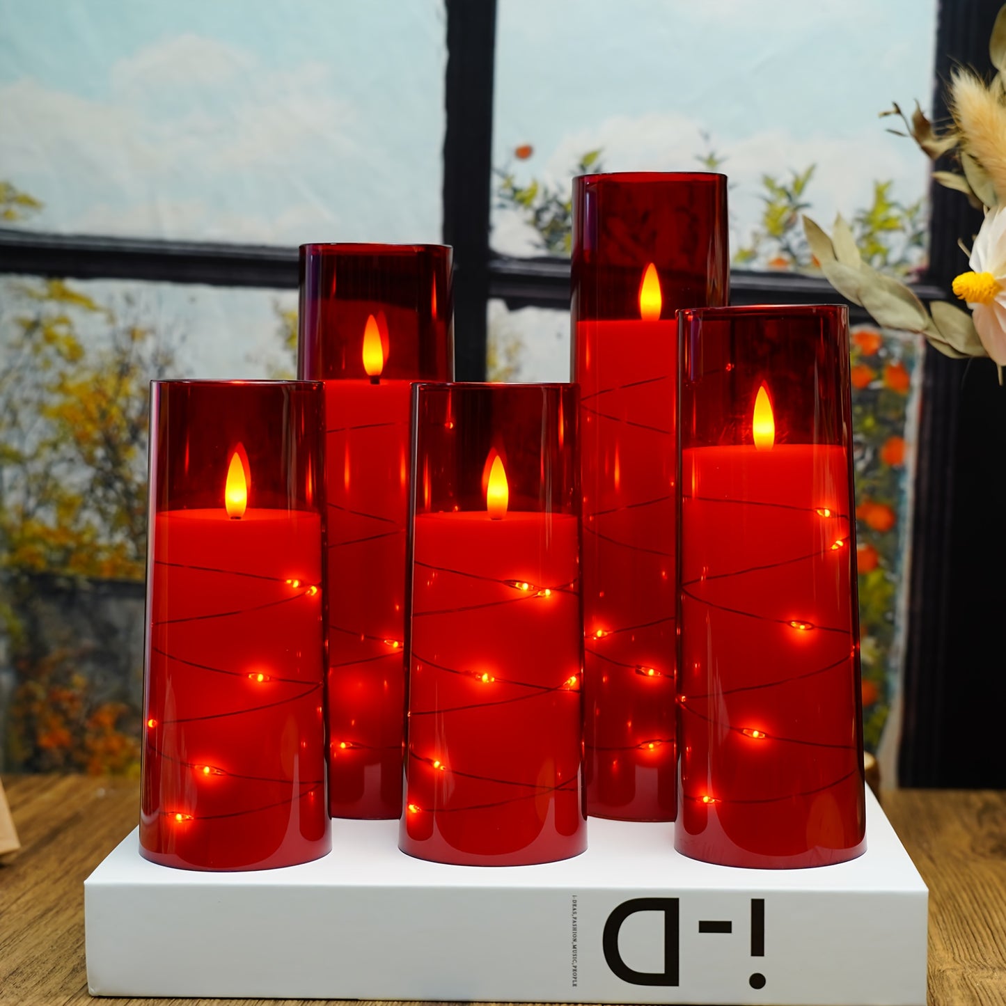 Nimiko 5 LED Flameless Candles (D2.3 * 5 "5" 6 "7" 8 ") Battery Powered Candles, Flickering LED Cylindrical Candles with Embedded Star String, Acrylic LED Cylindrical Candles with Remote Control And Timer, Suitable for Home D