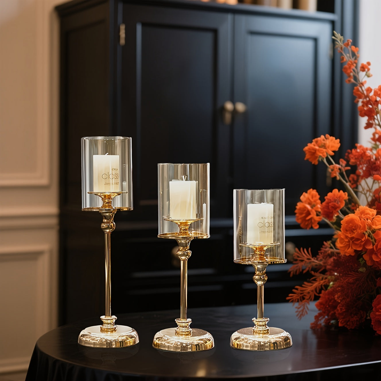 3pcs Elegant Metal And Glass Candle Holders - Romantic Tabletop Decorations for Home, Kitchen, Suitable for Thanksgiving, Hanukkah, Easter, Halloween, Christmas (Candles Not Included)
