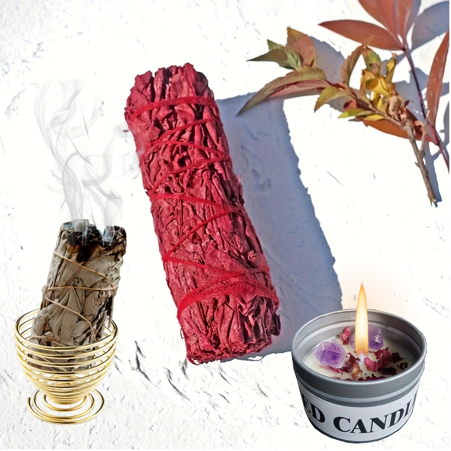 Sage Smudge Kit with Crystals and Candles, 4'' Long, Natural Stone, Elegant Style, for Cleansing Negative Energy and Home Purification, Includes Dragon Blood, White Sage, Eucalyptus, Lavender, and Palo Santo Sticks