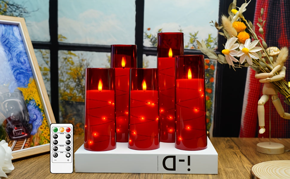 Nimiko 5 LED Flameless Candles (D2.3 * 5 "5" 6 "7" 8 ") Battery Powered Candles, Flickering LED Cylindrical Candles with Embedded Star String, Acrylic LED Cylindrical Candles with Remote Control And Timer, Suitable for Home D