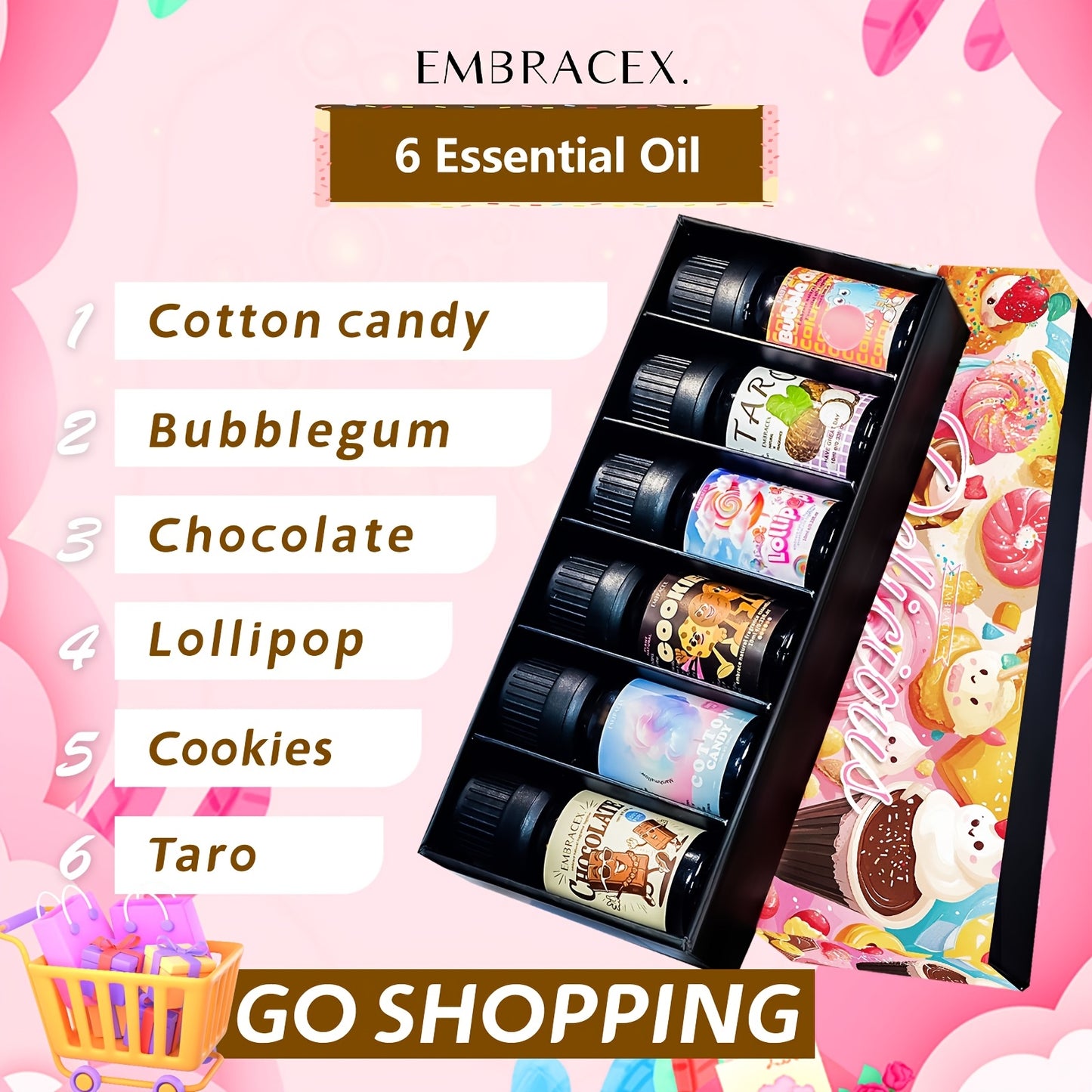6pcs/1Set Essential Oil Gift Box Delicious Oils Bubble Gum, Chocolate, Cookies, Lollipop, Marshmallow, Taro Gourmet Fragrance Can Be Used in Aroma Machine, Humidifier, Massage, Making Candles/Soap