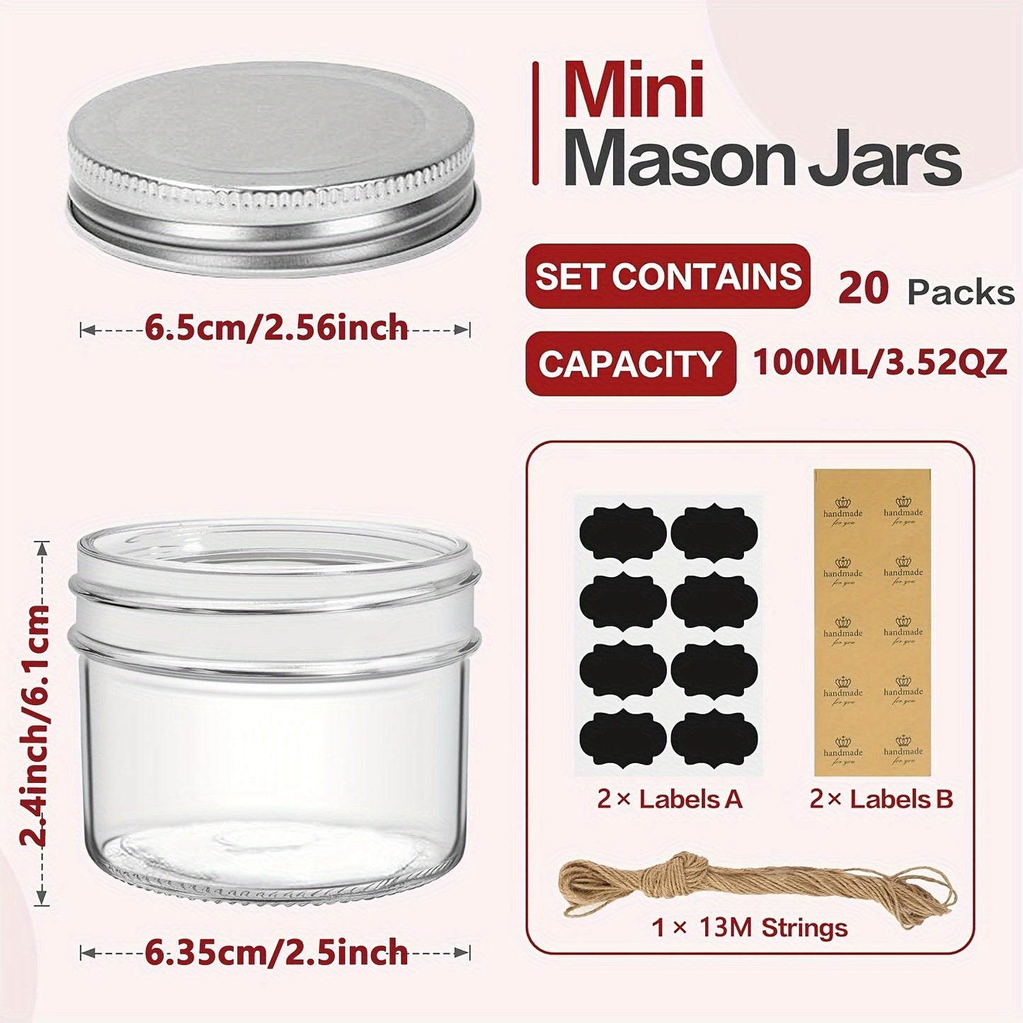 20-Pack 3.38oz Mini Mason Jars with Lids, Reusable Glass Jars with Interchangeable Locking Lids for Honey, Candles, DIY Crafts, Multipurpose Round Containers, Dishwasher Safe, No Electricity Needed