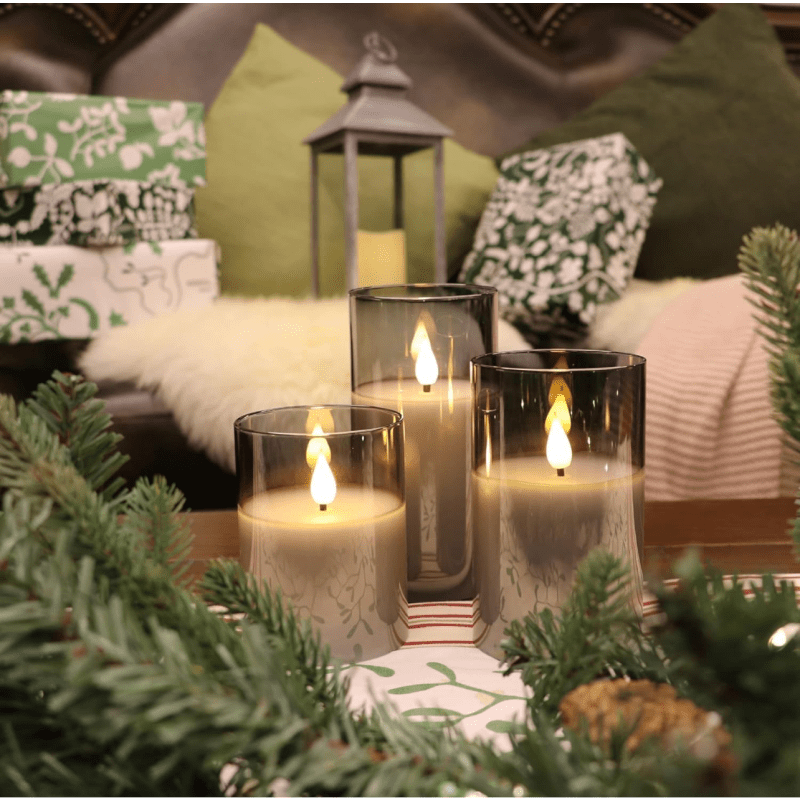 Wax Candle Sets with LED Moving Flame, Battery Operated Candles with Timer and Remote, Gray Glass Effect Candles for Home, Wedding, Festival, and Halloween Decor