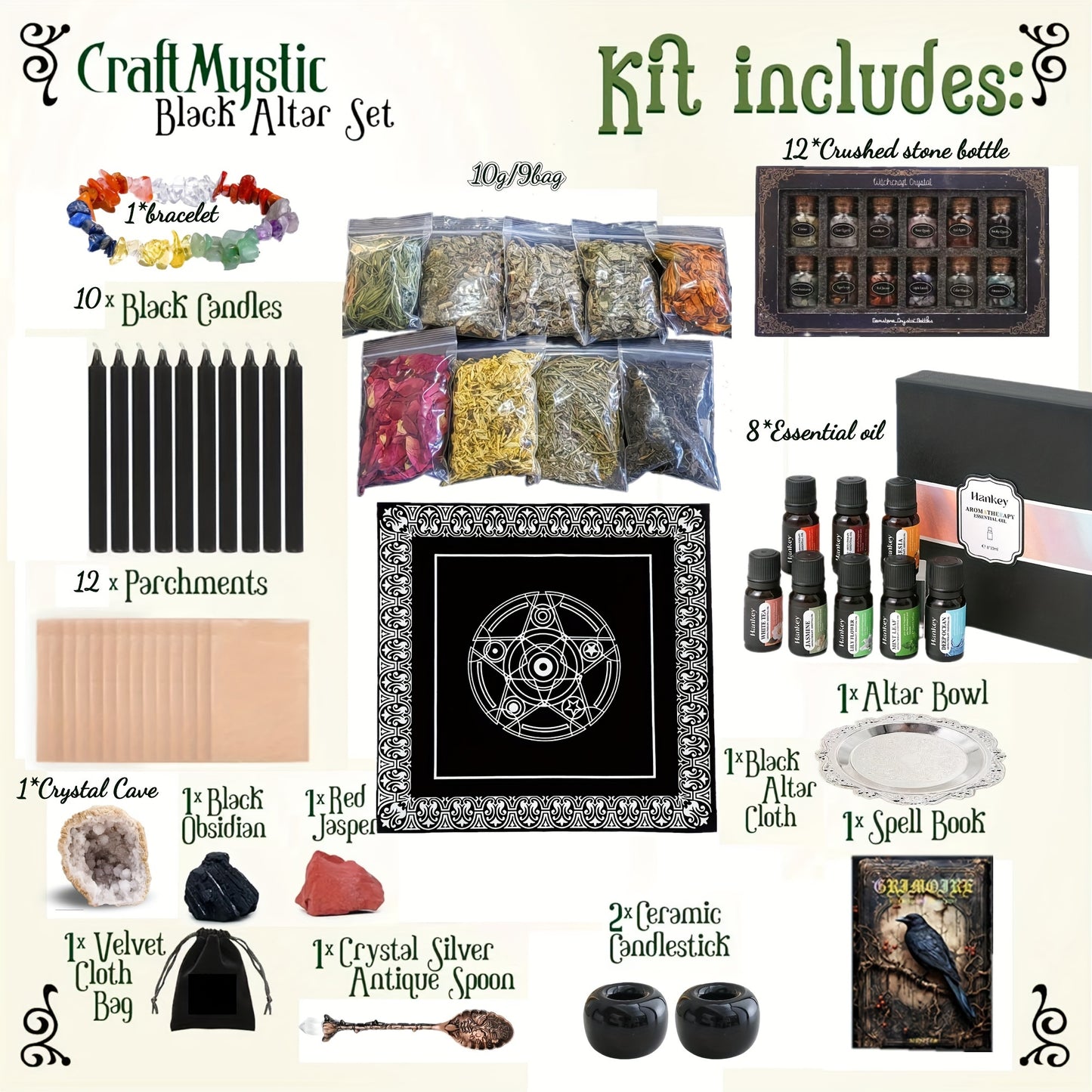 Witchcraft Supplies Wiccan Tools for Beginners - 62 Set Witchy Gifts Starter Kit Box - Crystals for Witchcraft Spell Jars Candles - Spiritual Altar Witch Stuff for Pagan Gothic Room Decor