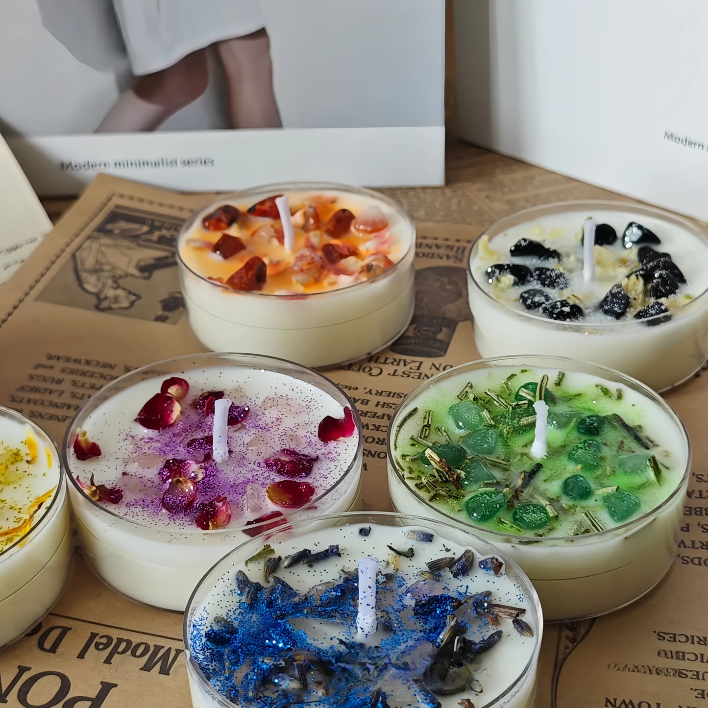 6pcs Crystals & Herbs Tealight Candles - Soy Candles - Candles - Scented Soy Tealights - Crystal Candles -Christmas Gifts-Handmade Candle Gift!Suitable For Mother'S Day Gifts, The Best Choice For Holiday Gifts