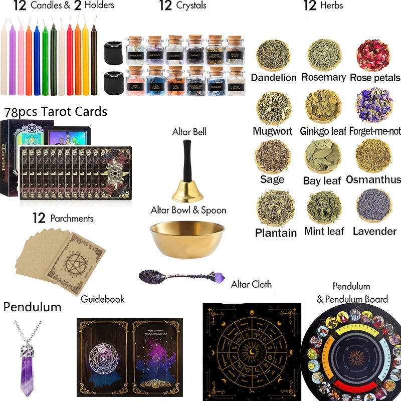 135pcs Witchcraft Starter Kit, Witch Accessories with Candles, Dried Flowers, Amethyst Pendulum, Crystals, Wooden Boards, Parchment Paper, Witch Decoration Magic Candles Wicca Accessories Candles, for Halloween