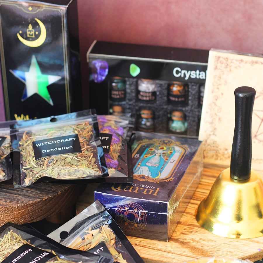 135pcs Witchcraft Starter Kit, Witch Accessories with Candles, Dried Flowers, Amethyst Pendulum, Crystals, Wooden Boards, Parchment Paper, Witch Decoration Magic Candles Wicca Accessories Candles, for Halloween