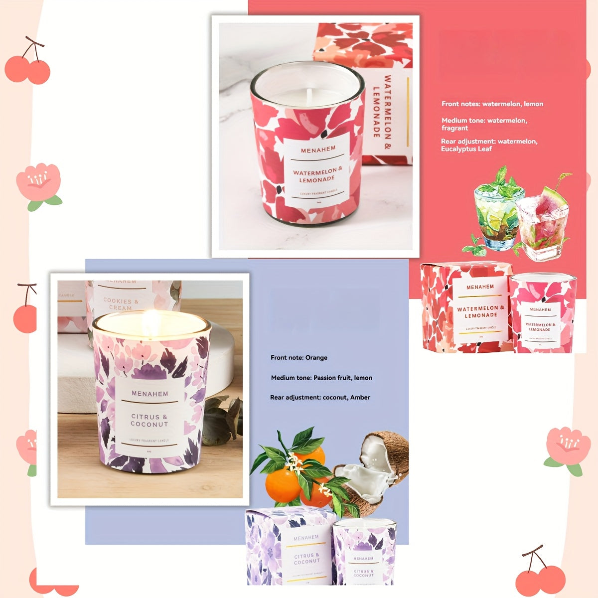 2pcs 2025 New Creative Flower Series Candles - Smokeless Soy Wax, 12+ Hour Burn Time, Floral & Fruit Scented Glass Jar Candles for Home Decor, Christmas, Valentine’s Day, Birthdays & Holidays