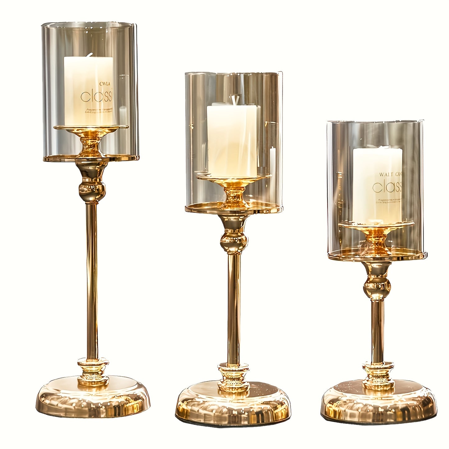 3pcs Elegant Golden Metal & Glass Candle Holder Set, Stainless Steel Glass Cover Candlesticks Holders Table Centerpiece for Wedding Party Birthday Christmas Decor(No Candles), Best for Christmas