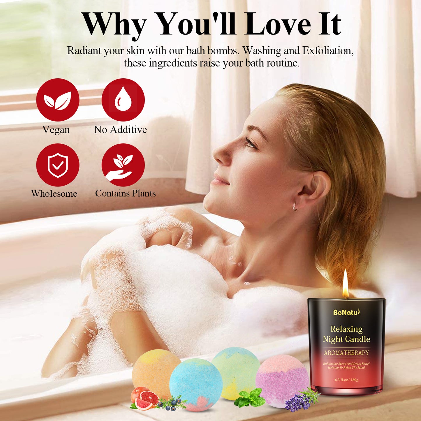 4pcs BeNaturd Spa Retreat Gift Set - Bath Soaking Salt Marbles and Scented Candles, Vegan, No Additives, Wholefood Ingredients, Ideal for Christmas, New Year, Valentine'S Day, Housewarming, Wedding, Bridal Shower, Anniversary