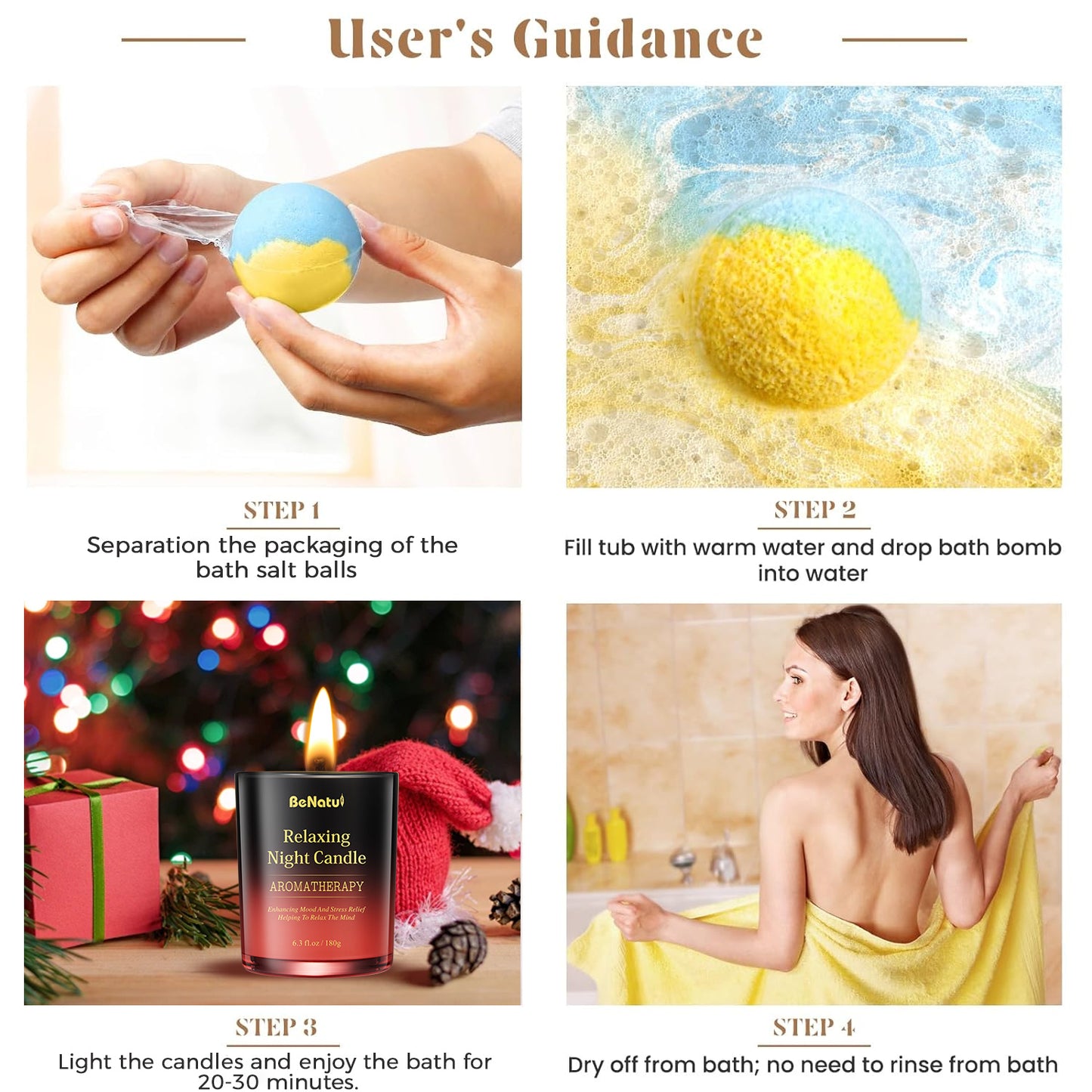 4pcs BeNaturd Spa Retreat Gift Set - Bath Soaking Salt Marbles and Scented Candles, Vegan, No Additives, Wholefood Ingredients, Ideal for Christmas, New Year, Valentine'S Day, Housewarming, Wedding, Bridal Shower, Anniversary