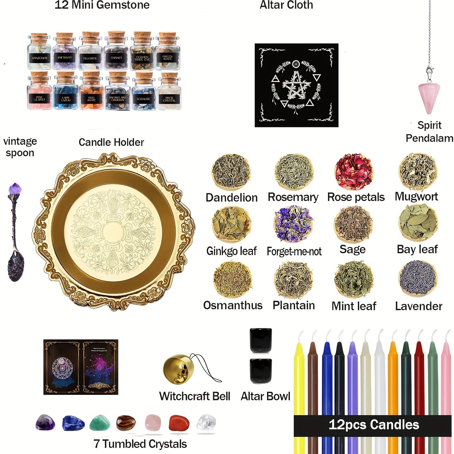 49pcs Witchcraft Starter Kit - Complete Ritual Set with Aromatic Candles, Natural Crystal 7 Chakra, Jars, Herbs, Guided Spells And Essential Tools for Creating A Sacred Witch Altar - Ideal for Beginners And Seasoned Practitio
