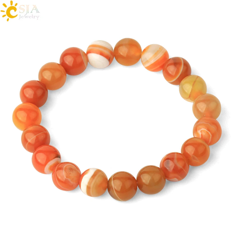 CSJA Natural Round Gem Stone Agates Onyx Men Bracelets Bangle 10mm Brown Stripe Ethnic Rosary Energy Beads Prayer Wristband F113
