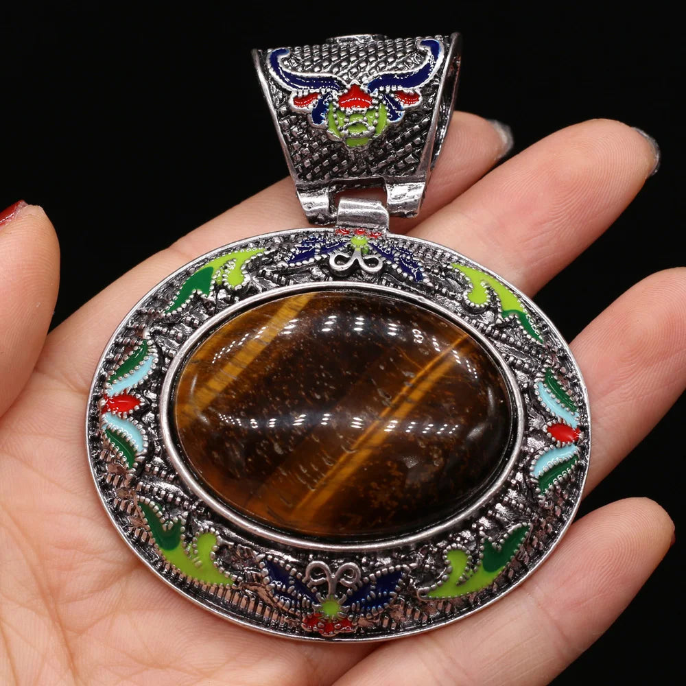 Vintage Ethnic Natural Stone Crystal Agates Charms Elliptical Boho Abalone Shell Pendant for Jewelry Making DIY Necklace Gift