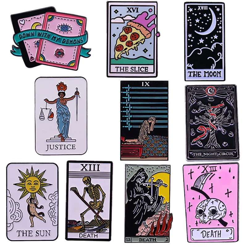 Tarot Card Enamel Pin Death Sun Moon Justice Slice Night Circus Demons Badge Witch brooch Mystical Witchcraft Divination Gift