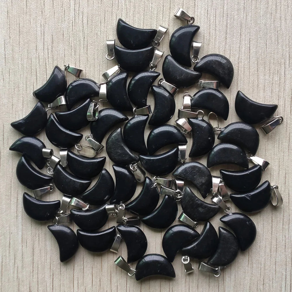Good quality mix natural stone tiger eye white crystal moon shape pendants for jewelry making Wholesale 50pcs/lot