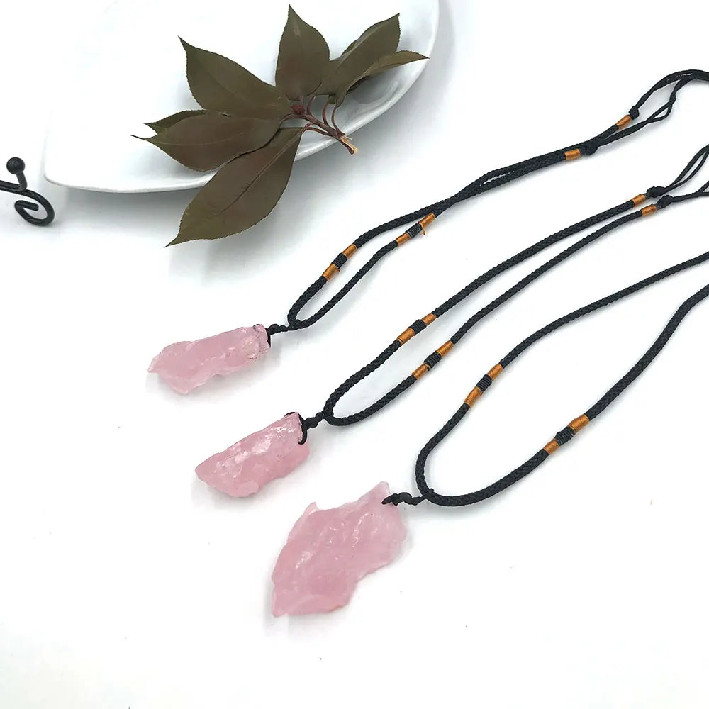 1pc Random Natural Rough Rose Quartz Raw Stone Pendant Necklace Crystal Mineral Healing Reiki Gemstone Crafts Fashion Gift RQ