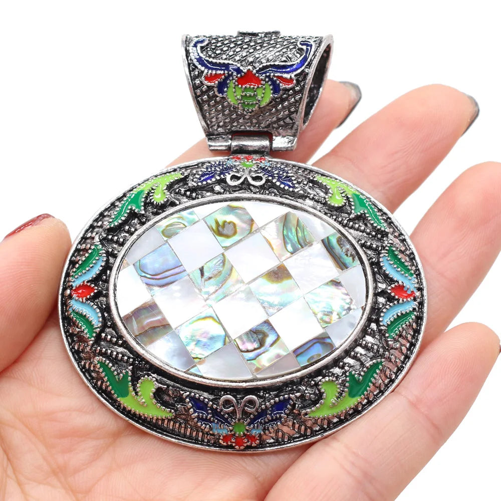 Vintage Ethnic Natural Stone Crystal Agates Charms Elliptical Boho Abalone Shell Pendant for Jewelry Making DIY Necklace Gift
