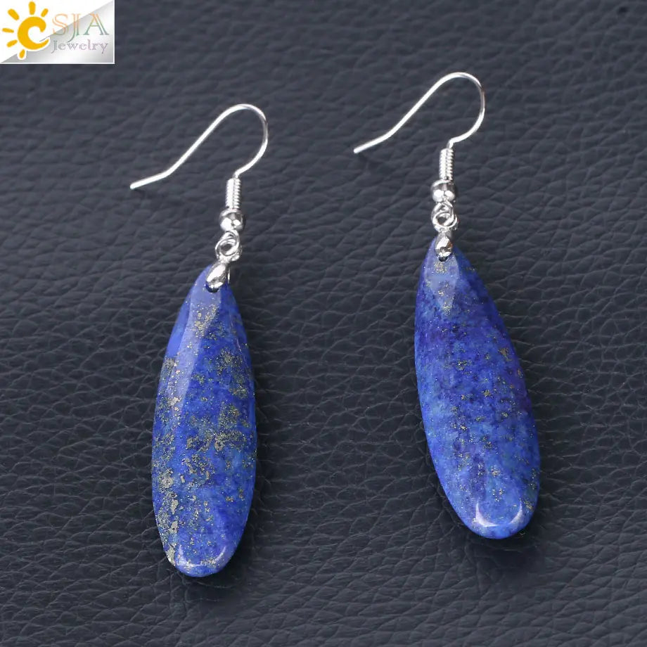 CSJA Dangle Long Earrings for Women Natural Stone Multifaceted Cutting Pendant Tiger Eye Crystal Lava Geometry Drop Earring F354