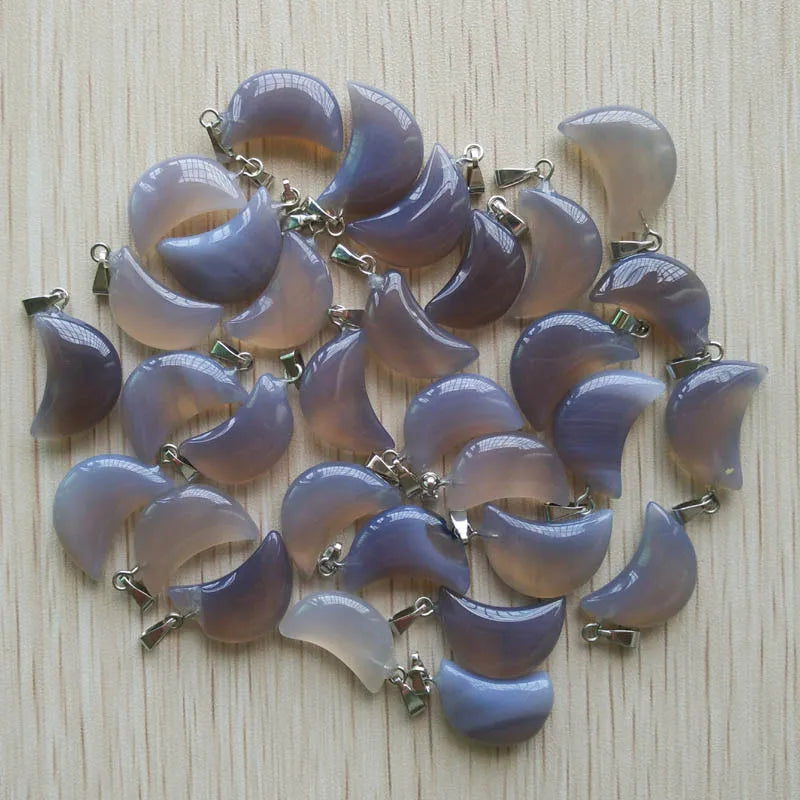 Good quality mix natural stone tiger eye white crystal moon shape pendants for jewelry making Wholesale 50pcs/lot