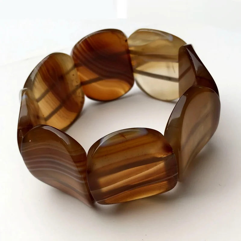Unique Hip-Hop Jewelry, Multi-color Stripes, Botswana Agates Beads, Gem Elastic Bracelet, concave Shape 30x40mm