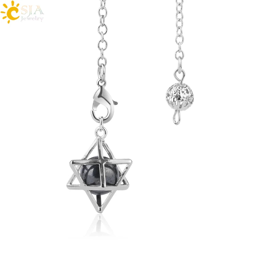 CSJA Reiki Natural Stone Merkaba Pendulum for Wicca Drowsing Hexagram Pendule Round Crystal Quartz Beads Pendants Jewellery F975