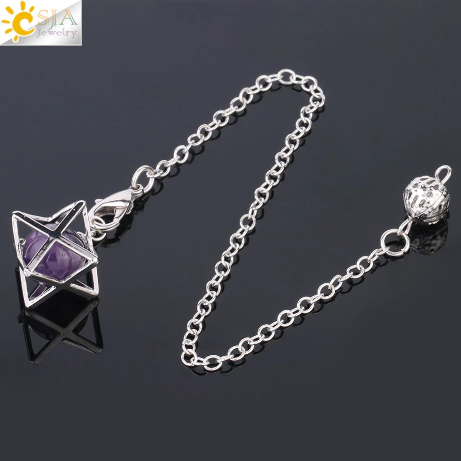 CSJA Reiki Natural Stone Merkaba Pendulum for Wicca Drowsing Hexagram Pendule Round Crystal Quartz Beads Pendants Jewellery F975