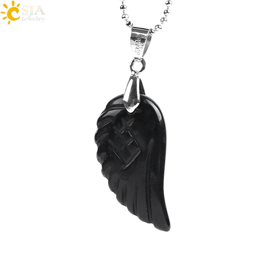 CSJA Natural Gem Stone Angel Wing Necklaces & Pendants Purple Pink Rock Crystal Lapis Lazuli Opal Green Aventurine Jewelry E768