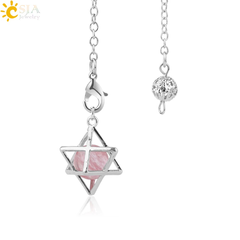 CSJA Reiki Natural Stone Merkaba Pendulum for Wicca Drowsing Hexagram Pendule Round Crystal Quartz Beads Pendants Jewellery F975