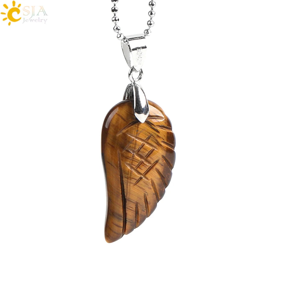CSJA Natural Gem Stone Angel Wing Necklaces & Pendants Purple Pink Rock Crystal Lapis Lazuli Opal Green Aventurine Jewelry E768
